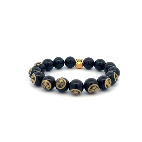 24K Yellow Gold Money Bag Lucky Bracelet Carved Black Agate Gemstones 10mm - Picture 4 of 5